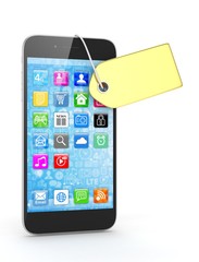 Smart phone with golden price tag on white background. Identification, price, label. Luxury and expensive offer. 3D rendering.