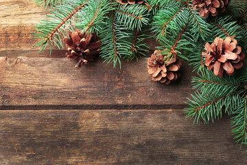 Christmas fir tree on wooden background