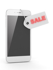 White smart phone with red sale label on white background. Best offer. Leader of sales. 3D rendering.