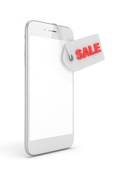 White smart phone with red sale label on white background. Best offer. Leader of sales. 3D rendering.