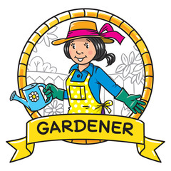 Funny woman gardener. Emblem. Profession series.