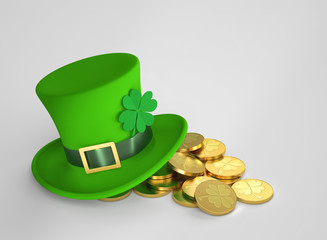 Lucky green hat and golden coins, with clipping path