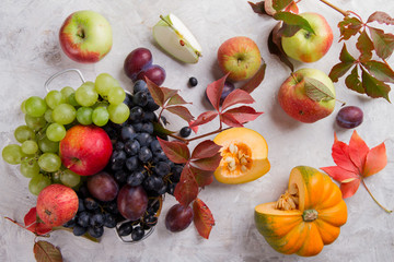 Autumn fruits on vintage background,