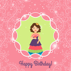 Beautiful cartoon princess with lights on the decorative background. Vector illustration
