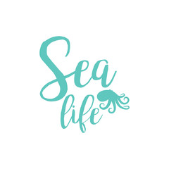 Octopus sea life lettering design isolated on white. Vector illustration