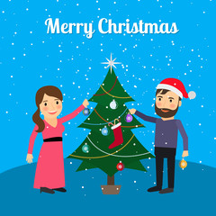 Obraz na płótnie Canvas Merry Christmas card design with fire tree and happy couple. Vector illustration