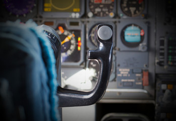 Center console and throttles in airplane