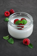 Delicious creamy mousse with fresh raspberries