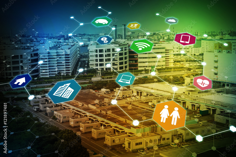 Poster modern industry and internet of things concept abstract image visual, smart city, smart grid, sensor