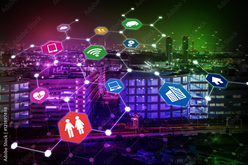 Poster modern industry and internet of things concept abstract image visual, smart city, smart grid, sensor