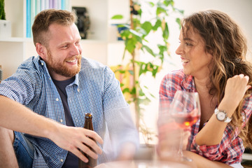 romantic happy young couple relax at modern bright home indoors