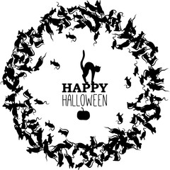 Happy Halloween banner with wreath of black rats, cat and pumpkin. Vector leaflet.