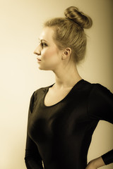 girl blonde woman in hair bun © Voyagerix