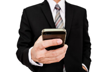 Businessman using smartphone, on white background