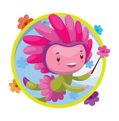 Vector image of a round yellow-blue frame with flowers and with cartoon image of a cute fairy of spring in the center on a white background. Seasons. Vector illustration with shadows and highlights.