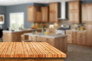  image of wooden table in front of abstract blurred background 