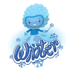 Vector blue emblem with snowflakes and with cartoon image of a cute fairy of winter in light blue dress and hat, with a magic wand in her hand on a white background. Seasons. Inscription 