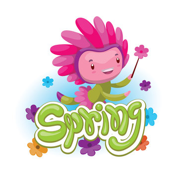 Vector green emblem with flowers and with cartoon image of a cute fairy of spring in green-pink dress and pink hat, with a magic wand in her hand on a white background. Seasons. Inscription "Spring".