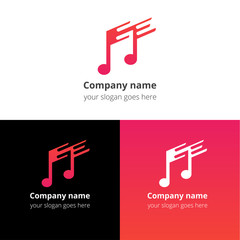 Music note and fast-slow motion beat flat logo, icon, emblem, sign vector template. Abstract symbol and button with pink-red trend color gradient for music service or company on white background.