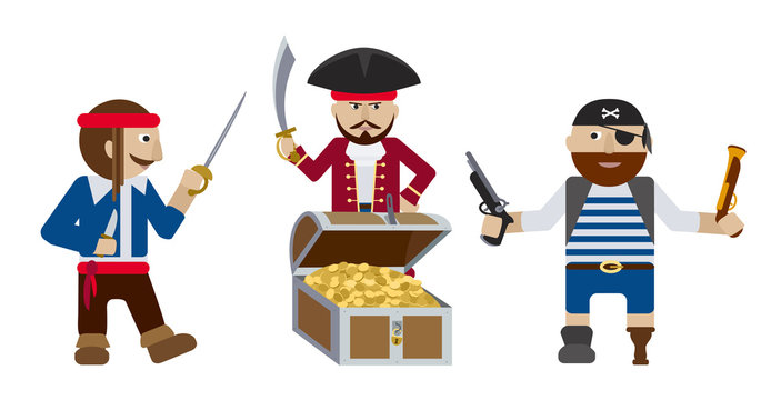 Pirates with treasure chest flat vector