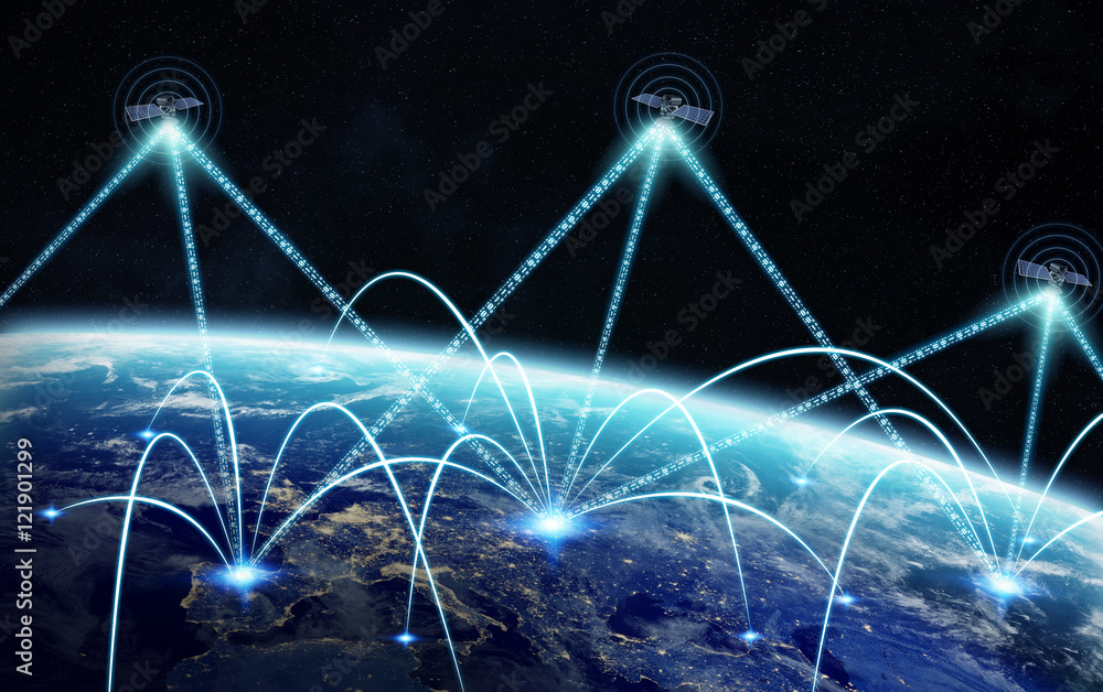 Poster global network and satellite data exchange 3d rendering elements