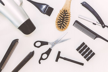 Professional hairdresser tools on white backgroung