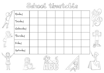 School timetable coloing page cartoon vector