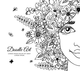 Vector illustration  girl with flowers in her hair. Doodle drawing. Meditative exercise. Coloring book anti stress for adults. Black white.