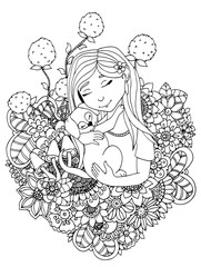 Vector illustration  girl child and puppy in flowers. Doodle drawing. Meditative exercise. Coloring book anti stress for adults. Black white.