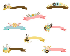 Rustic vector ribbon banners with flower bouquets
