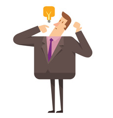 Vector cartoon image of a square businessman with brown hair in a black suit standing with a light bulb over his head on a white background. Geometric businessman. Vector business illustrations.