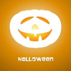 Brown Halloween greeting with white illuminating faces carved into pumpkins and a inscription halloveen under pumpkin on a brown background