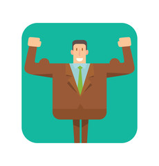 Vector square green frame with cartoon image of a square businessman with black hair in a brown suit standing and showing his biceps in the center on a white background. Geometric businessman.