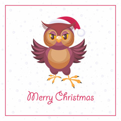 Merry Christmas greeting card with the image of an owl in Santa Claus's cap