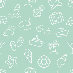 Vector seamless pattern with line icons of beach holiday on light-blue background