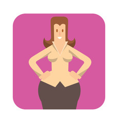 Vector square pink frame with cartoon image of a rounded business woman with brown hair standing and smiling in the center on a white background. Vector illustration of geometric business woman.