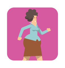 Vector square pink frame with cartoon image of a rounded business woman with black hair walking somewhere in the center on a white background. Vector illustration of geometric business woman.