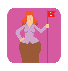 Vector square pink frame with cartoon image of a rounded business woman with ginger hair with a red flag in hand in the center on a white background. Vector illustration of geometric business woman.