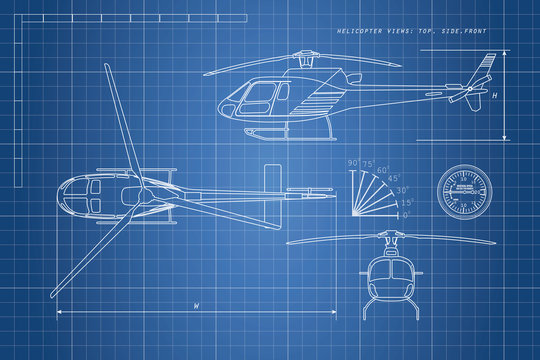 Engineering drawing helicopter on a blue background. Three views