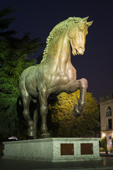 Leonardo da Vinci Horse statue in Milan, Italy. The world's largest equestrian statue. Night view.