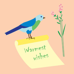 Warmest wishes ,hand-lettering on paper scroll, decorative bird