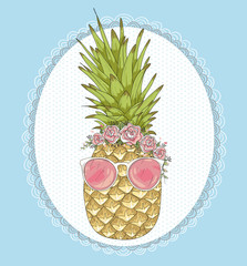 Cute hipster pineapple with sunglasses and flower crown.