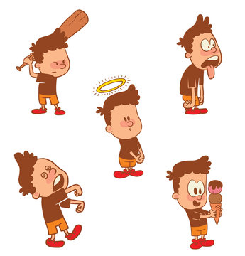 Vector cartoon set of cute little boys: with an ice cream, with a halo over head, with tongue sticking out, with baseball bat and like a zombie on a white background. Color image with a brown tracings