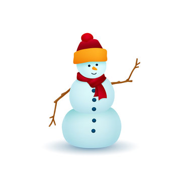 Christmas Snowman Isolated on White Background, White Snowman in a Hat and Scarf , Christmas Decorations, Merry Christmas and Happy New Year, Vector Illustration