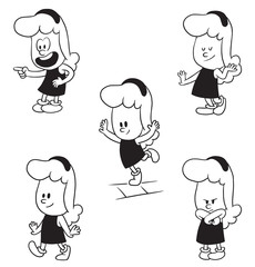 Vector cartoon set of cute little girls: jumping on one leg, walking and smiling, standing angry, coquetting and showing on something with her finger on a white background. Made in a monochrome style.