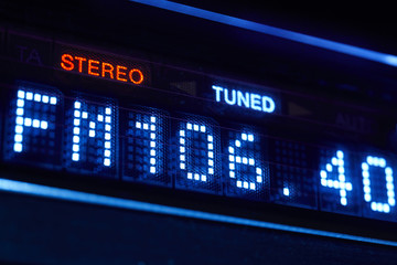FM tuner radio display. Stereo digital frequency station tuned.