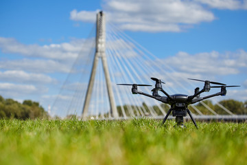 Professional drone on ground. Low DOF