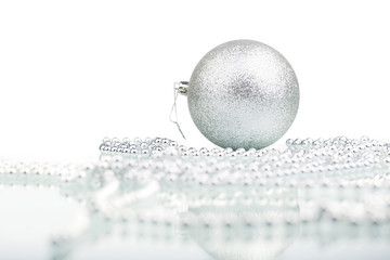 Silver Decoration ball, silver beads over white background