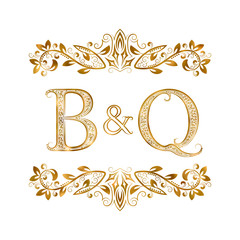 B&Q vintage initials logo symbol. Letters B, Q, ampersand surrounded floral ornament. Wedding or business partners initials monogram in royal style.