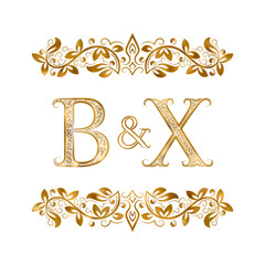 B&X vintage initials logo symbol. Letters B, X, ampersand surrounded floral ornament. Wedding or business partners initials monogram in royal style.